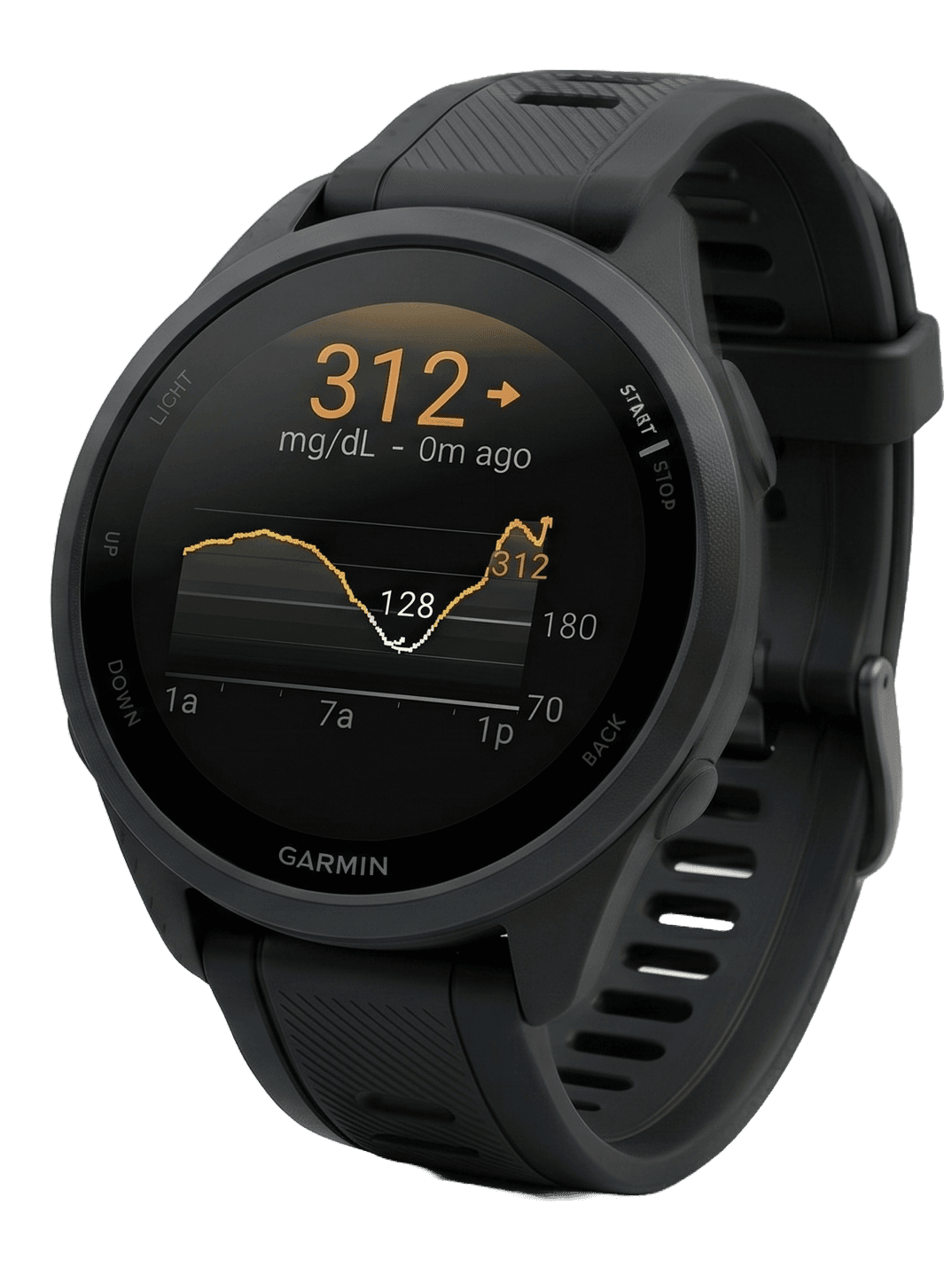 GGlance showing a live glucose reading on a Garmin watch